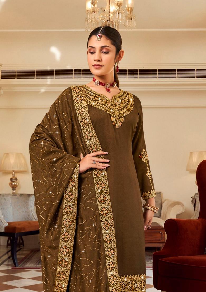 Brown Embroidered Art Silk Salwar Kameez