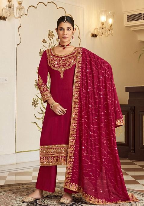 Pink Embroidered Silk Pakistani Suit Set — view on Indya