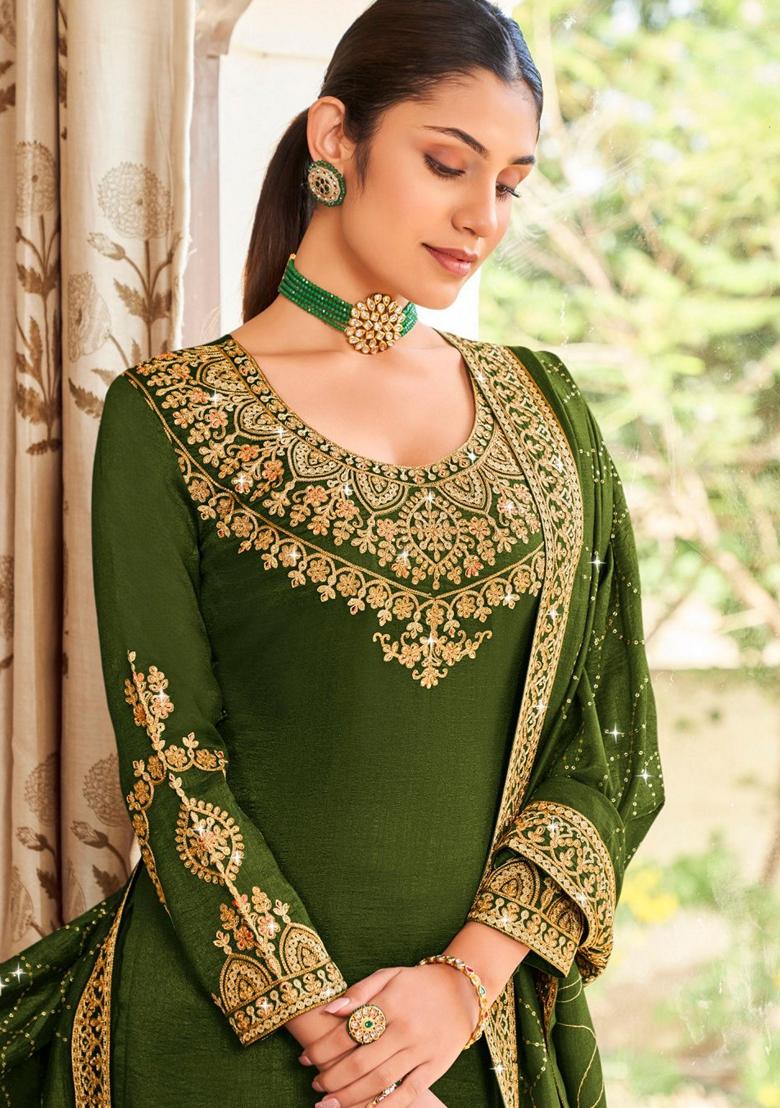 Green Embroidered Art Silk Salwar Kameez