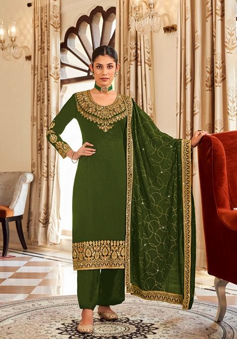Green Embroidered Silk Pakistani Suit Set — view on Indya