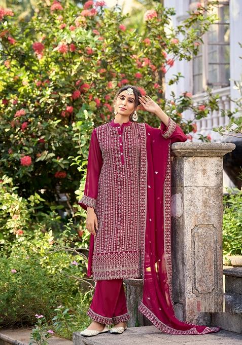 Pink Embroidered Silk Pakistani Suit Set — view on Indya