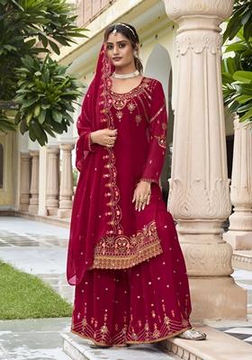 Pink Embroidered Georgette Palazzo Set With Dupatta