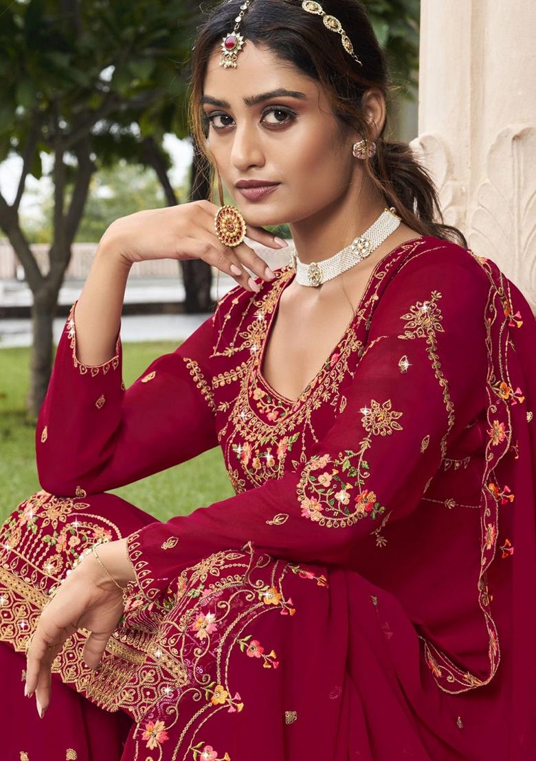 Pink Embroidered Georgette Palazzo Set With Dupatta