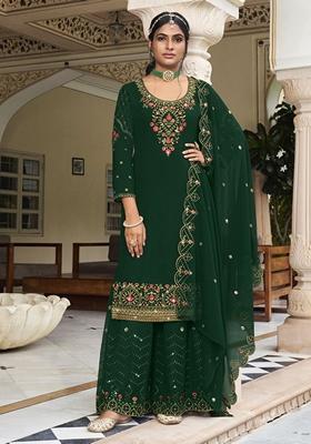 Green Embroidered Georgette Palazzo Set With Dupatta