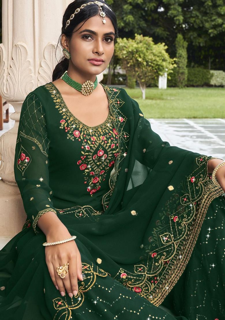 Green Embroidered Georgette Palazzo Set With Dupatta