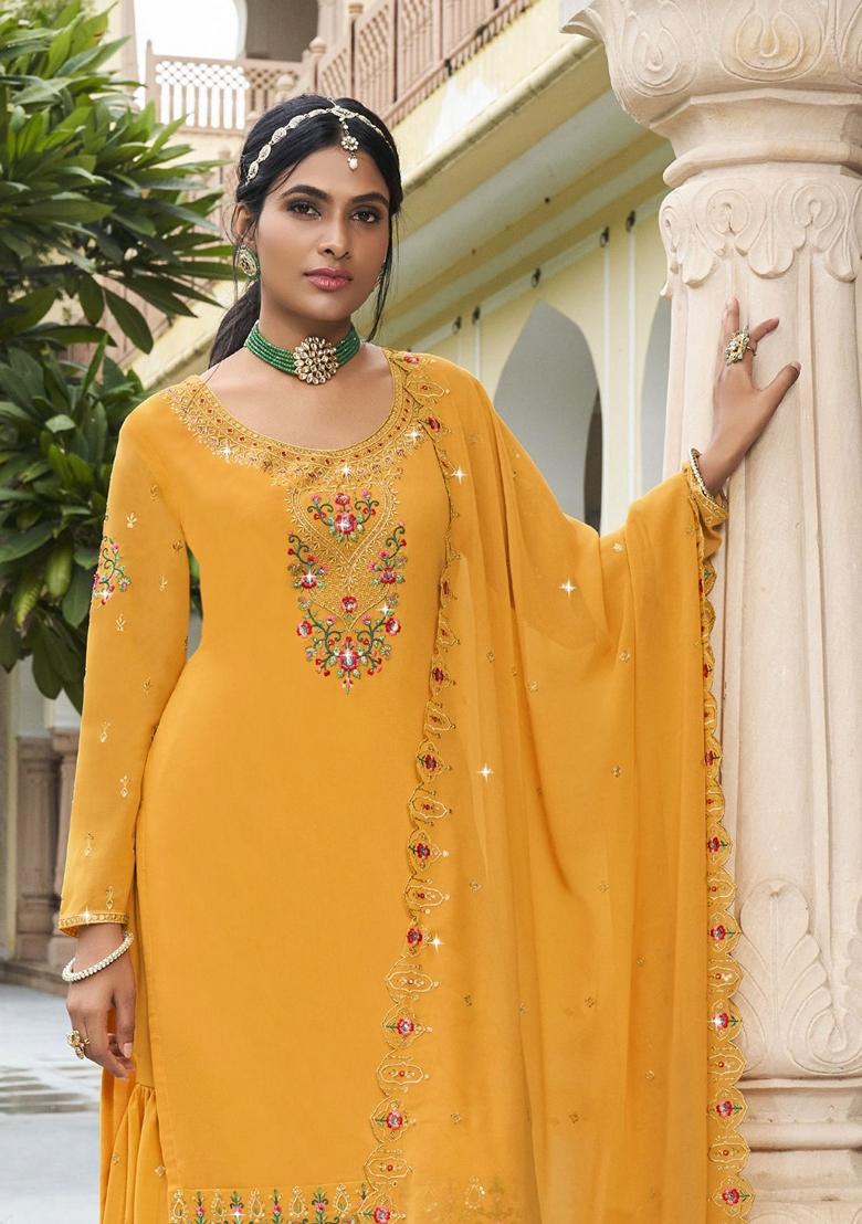 Mustard Yellow Embroidered Georgette Palazzo Set With Dupatta