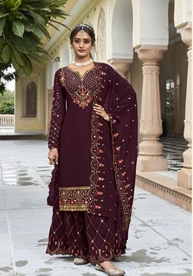 Wine Embroidered Georgette Palazzo Set With Dupatta