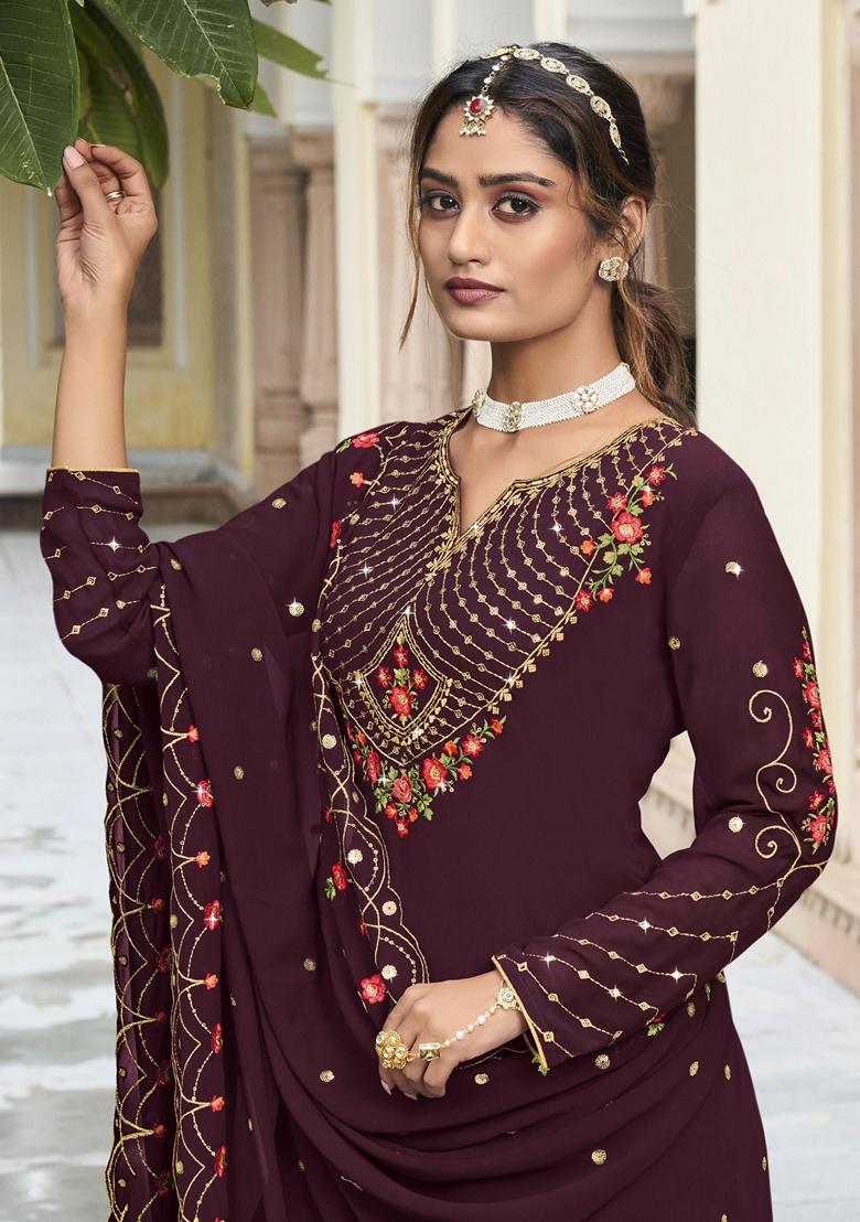 Wine Embroidered Georgette Palazzo Set With Dupatta