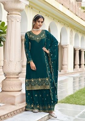 Teal Blue Embroidered Georgette Palazzo Set With Dupatta