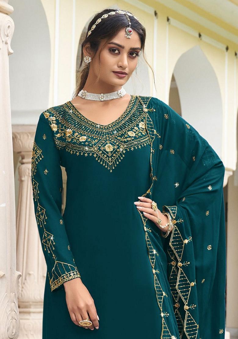 Teal Blue Embroidered Georgette Palazzo Set With Dupatta