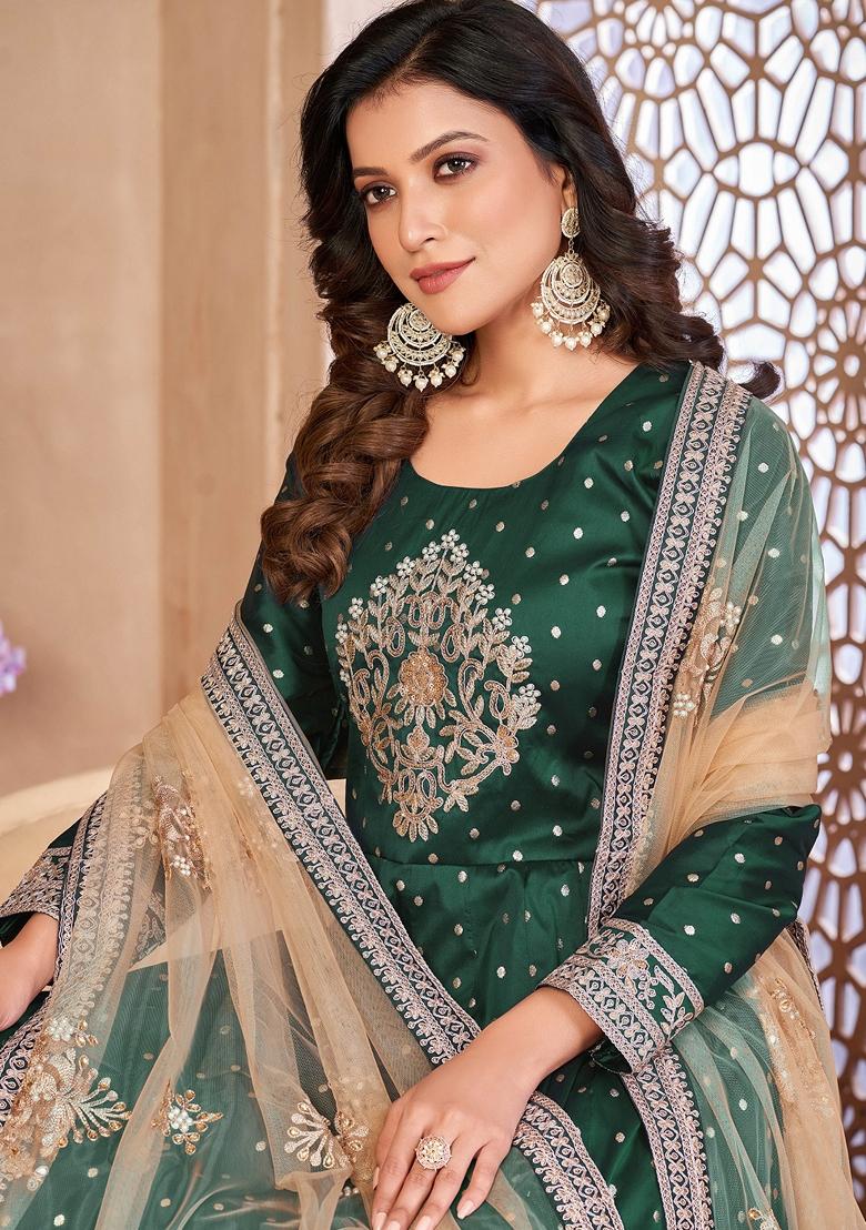 Green Embroidered Art Silk Anarkali Set With Dupatta