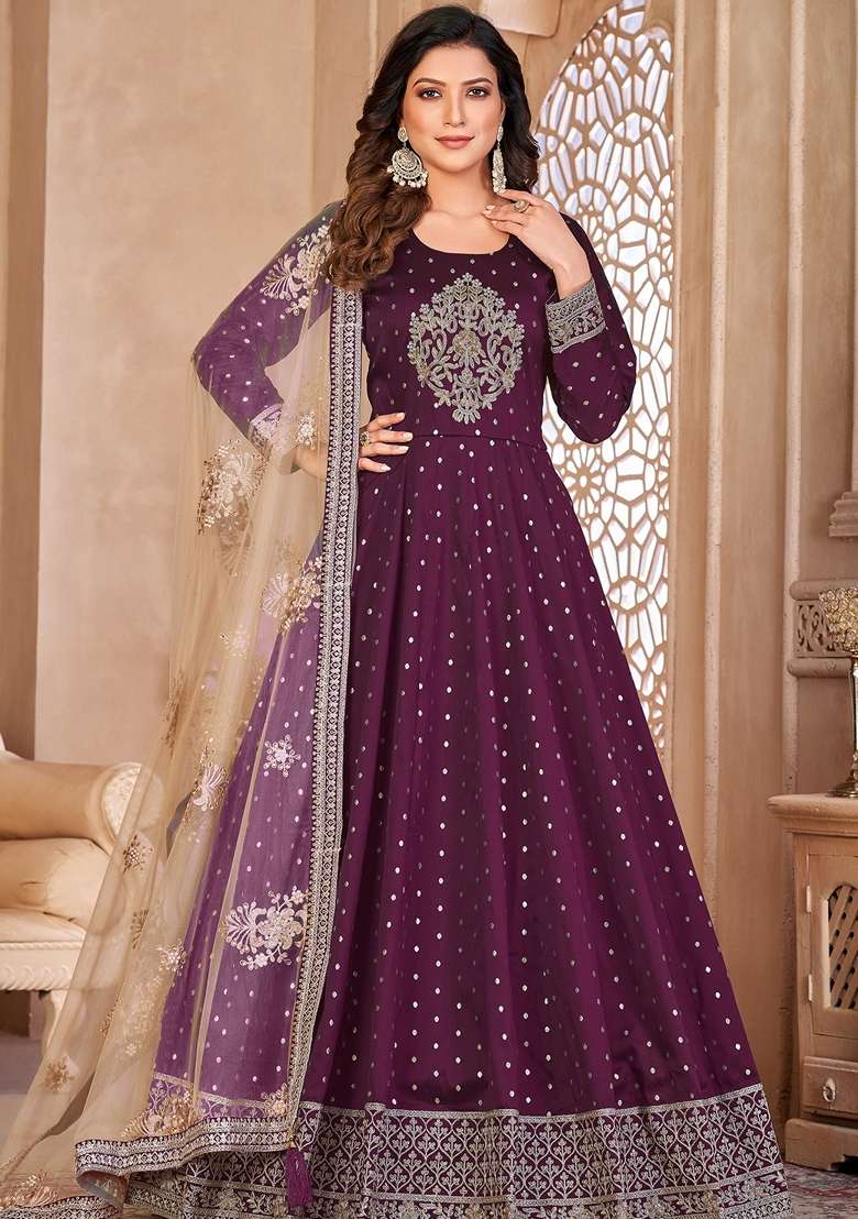 Purple Embroidered Silk Blend Anarkali Set - Indya