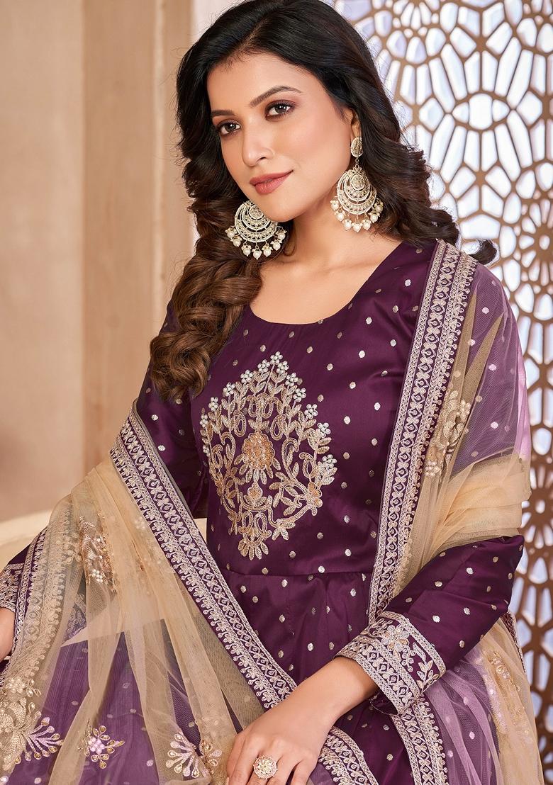 Purple Embroidered Art Silk Anarkali Set With Dupatta