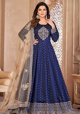 Blue Embroidered Art Silk Anarkali Set With Dupatta