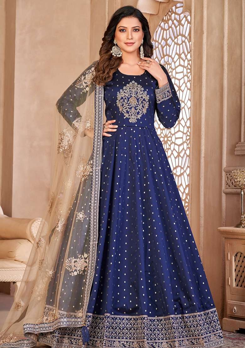 Blue Embroidered Silk Blend Anarkali Set - Indya