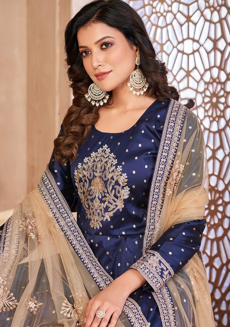 Blue Embroidered Art Silk Anarkali Set With Dupatta