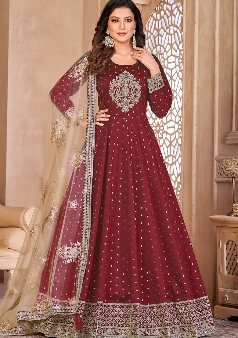 Maroon Embroidered Art Silk Blend Anarkali With Dupatta With Dupatta - Indya