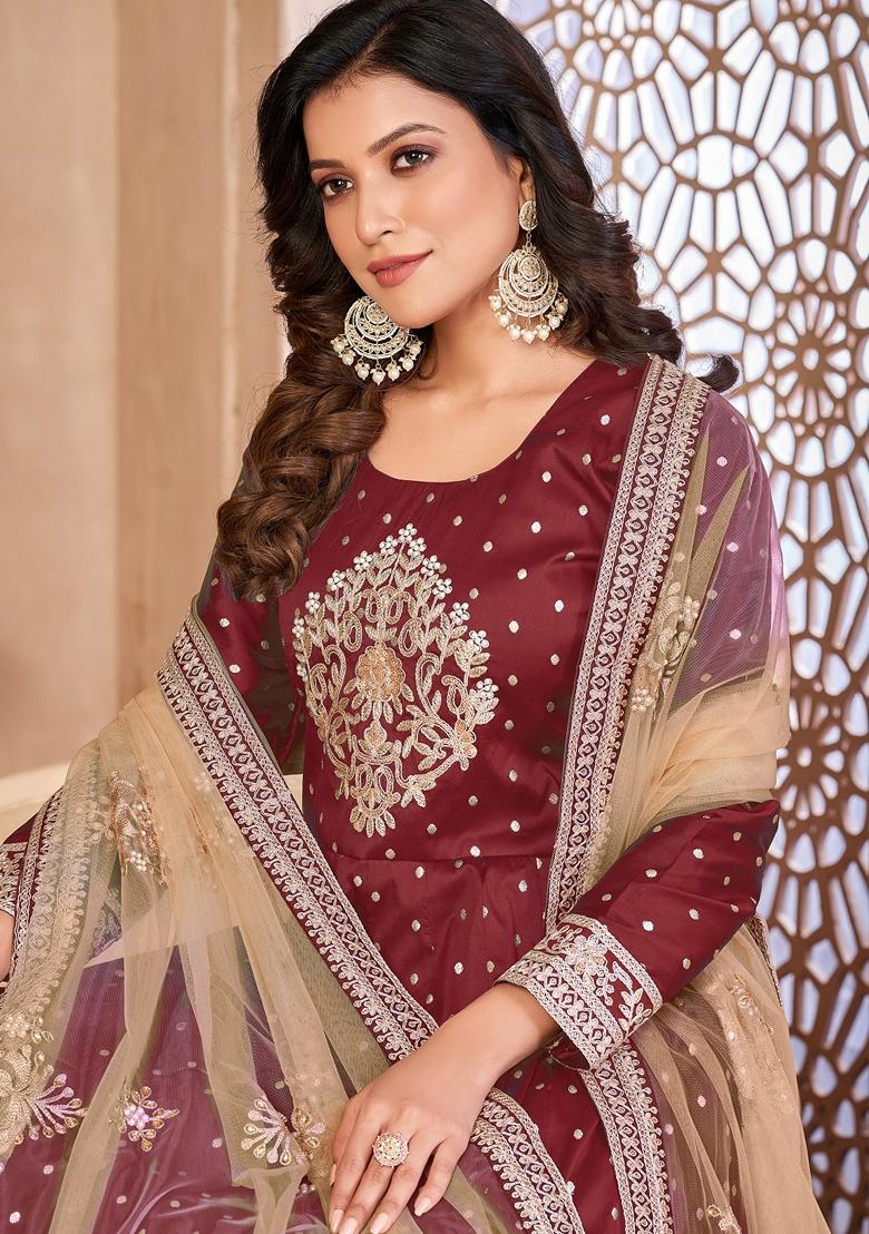 Maroon Embroidered Art Silk Anarkali Set With Dupatta