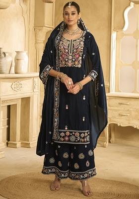 Navy Blue Embroidered Velvet Palazzo Set With Dupatta