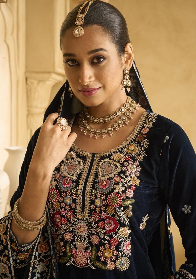 Navy Blue Embroidered Velvet Palazzo Set With Dupatta