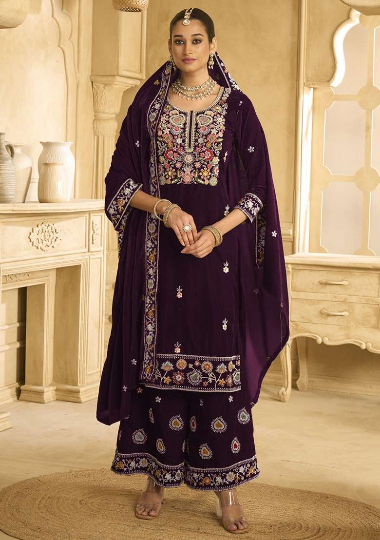 Wine Embroidered Velvet Sharara Set - Indya