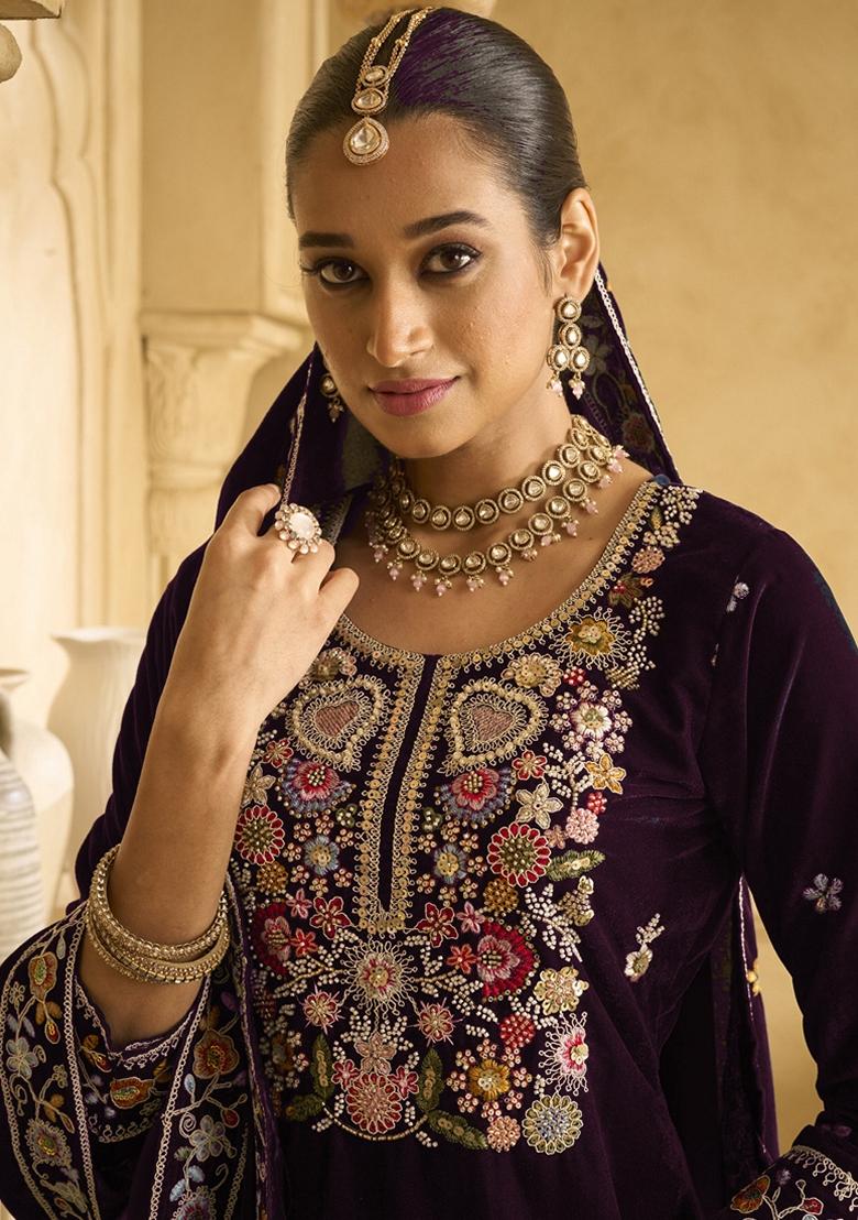 Wine Embroidered Velvet Palazzo Set With Dupatta