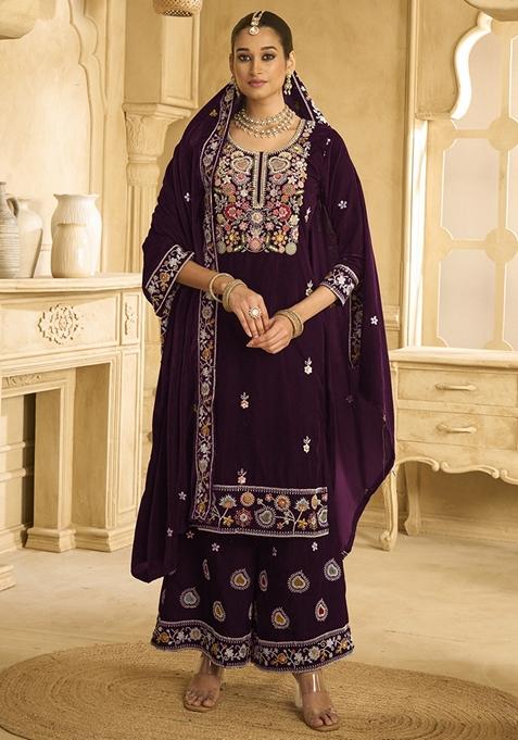 Wine Embroidered Velvet Palazzo Set With Dupatta