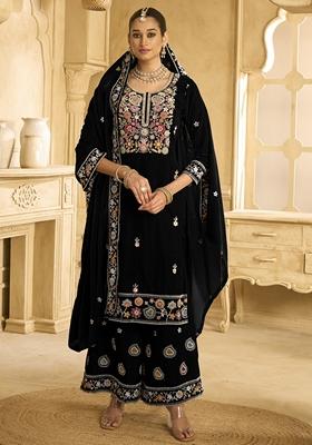 Black Embroidered Velvet Palazzo Set With Dupatta