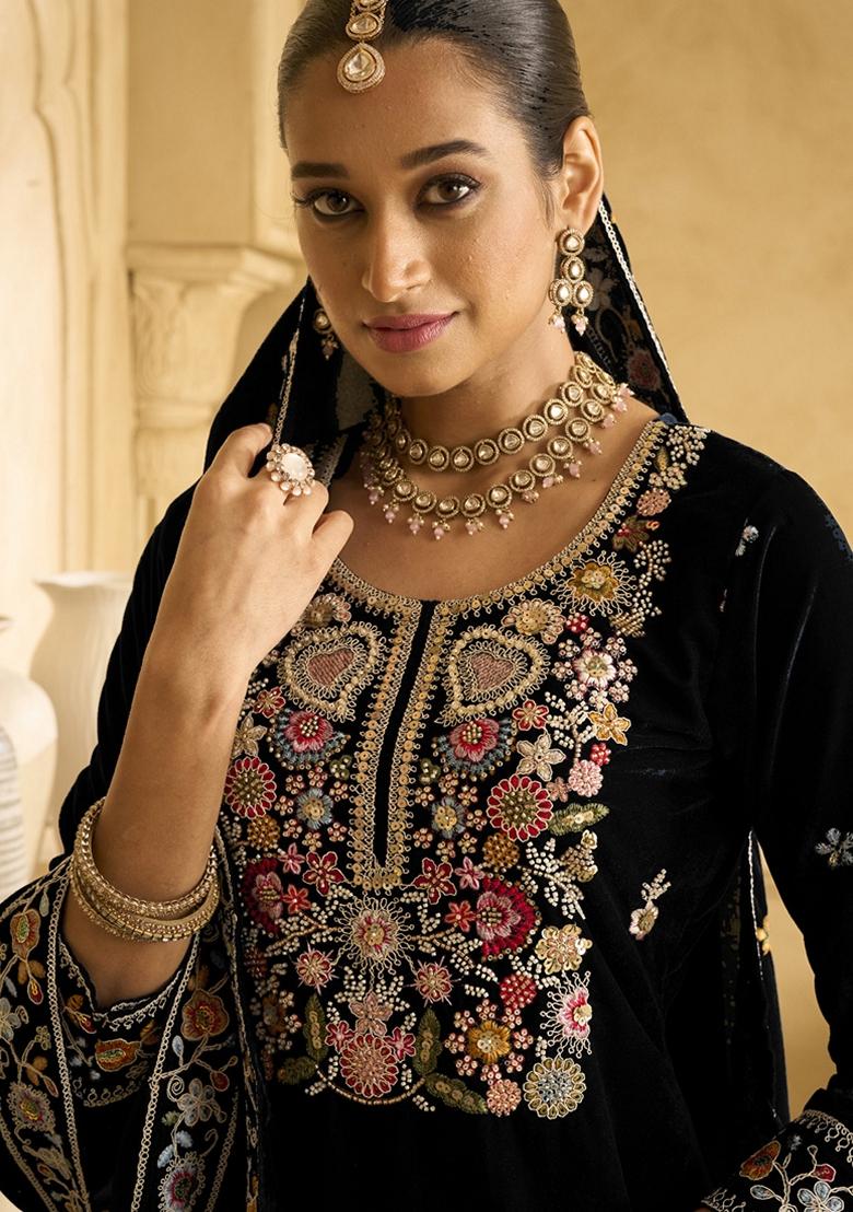 Black Embroidered Velvet Palazzo Set With Dupatta