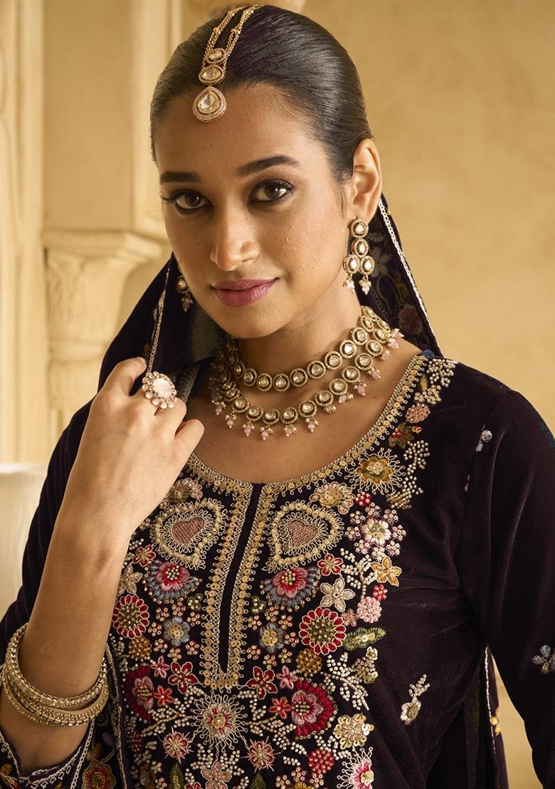 Brown Embroidered Velvet Palazzo Set With Dupatta