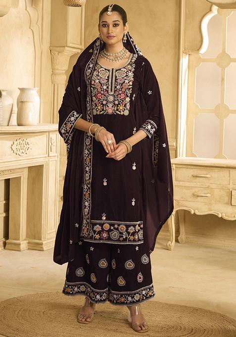 Brown Embroidered Velvet Palazzo Set With Dupatta