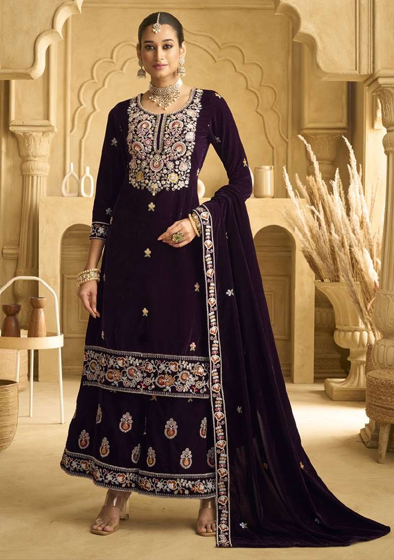 Wine Embroidered Velvet Palazzo Set With Dupatta - Indya