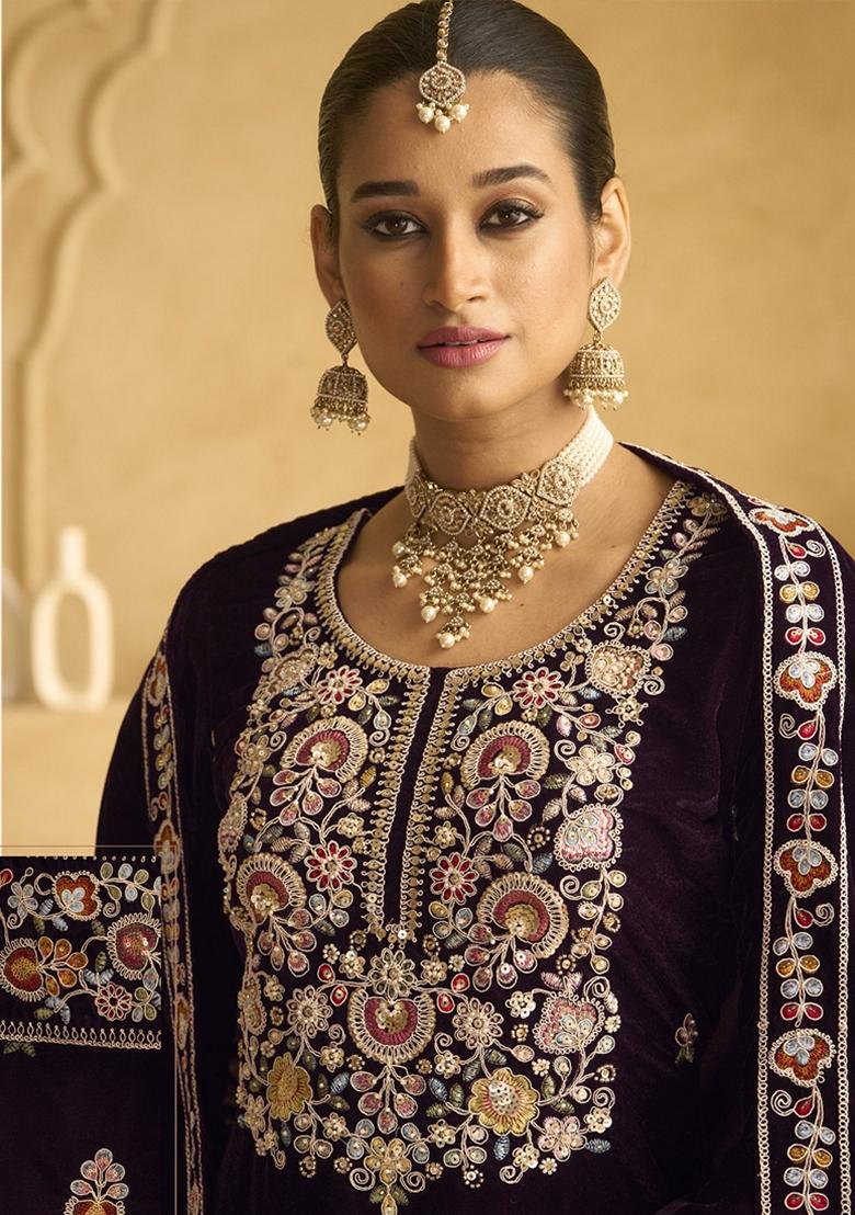 Wine Embroidered Velvet Palazzo Set With Dupatta