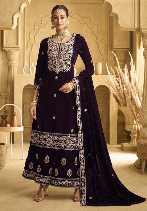 Wine Embroidered Velvet Palazzo Set With Dupatta