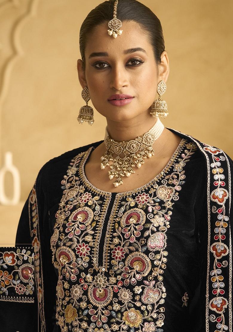 Black Embroidered Velvet Palazzo Set With Dupatta