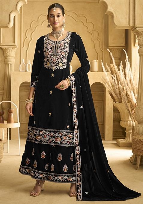 Black Embroidered Velvet Palazzo Set With Dupatta
