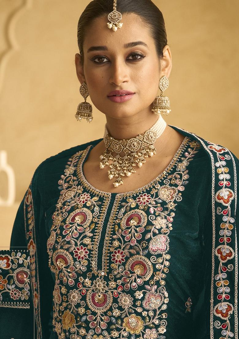 Green Embroidered Velvet Palazzo Set With Dupatta