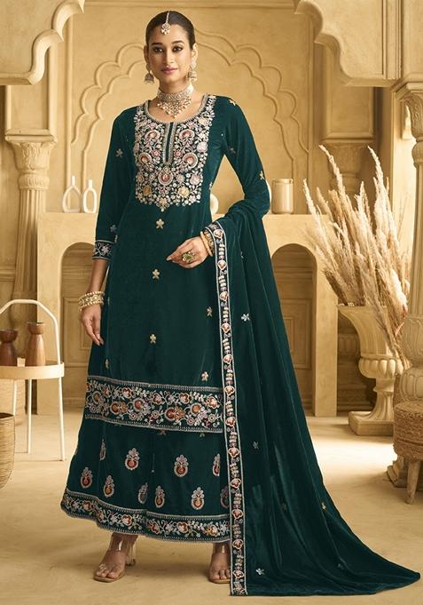 Green Embroidered Velvet Palazzo Set With Dupatta