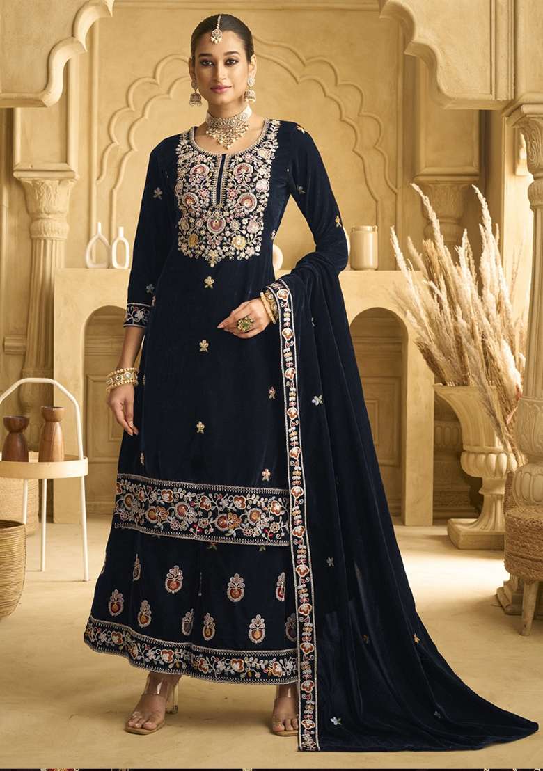 Navy Blue Embroidered Velvet Sharara Set - Indya