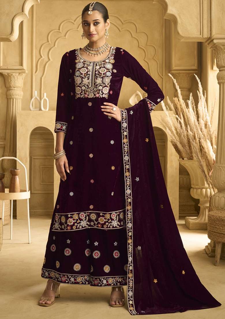 Wine Embroidered Velvet Sharara Set - Indya