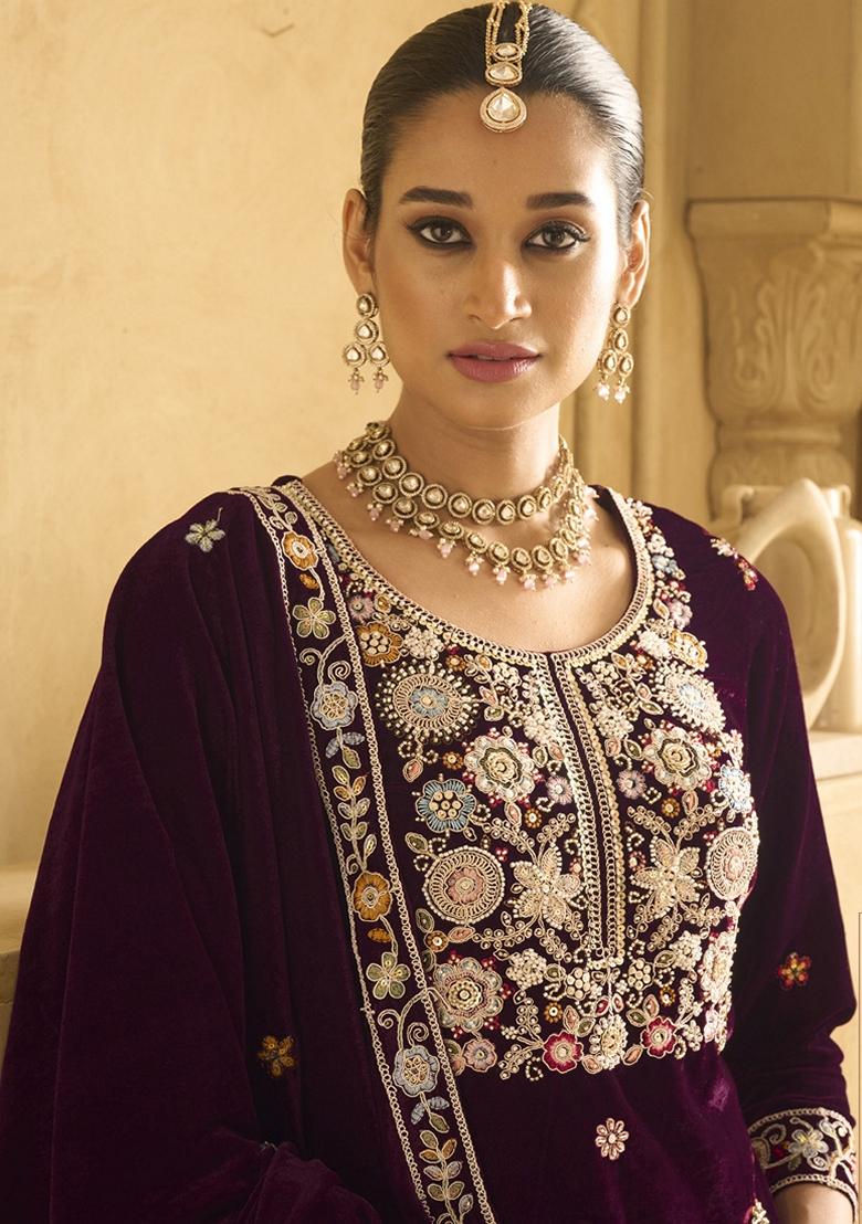 Wine Embroidered Velvet Palazzo Set With Dupatta