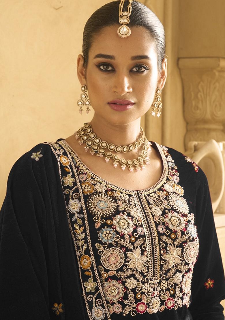 Black Embroidered Velvet Palazzo Set With Dupatta