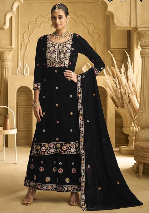 Black Embroidered Velvet Palazzo Set With Dupatta