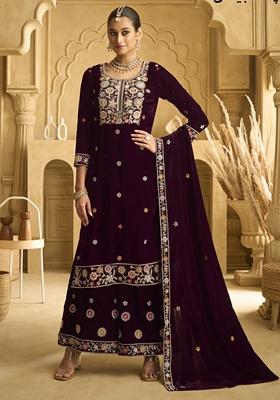 Violet Embroidered Velvet Palazzo Set With Dupatta