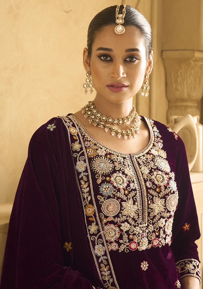 Violet Embroidered Velvet Palazzo Set With Dupatta