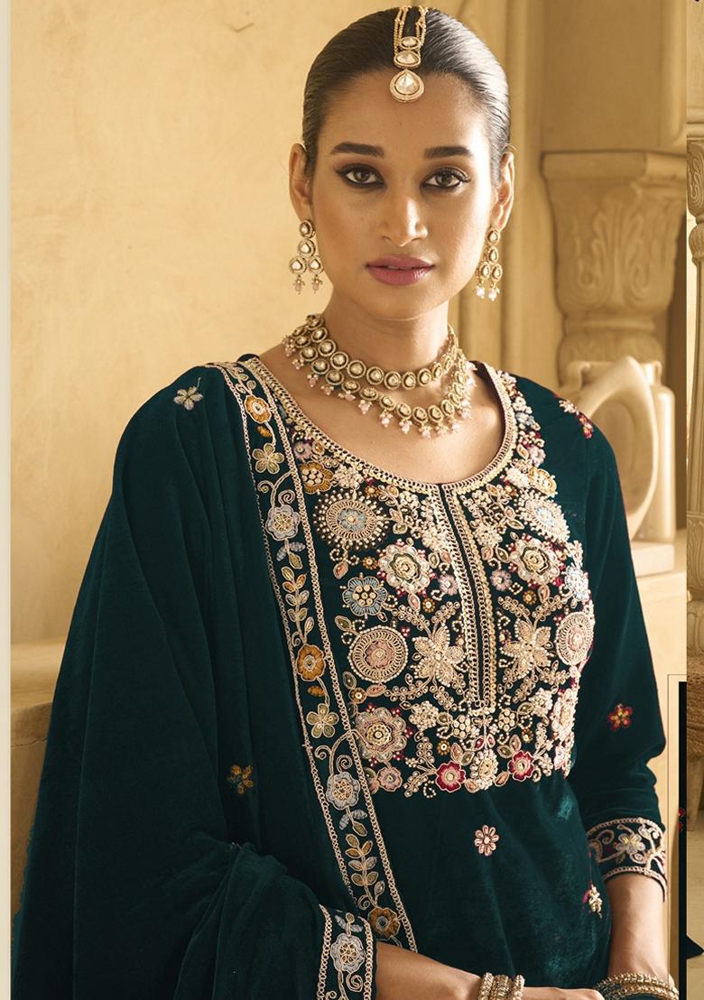 Green Embroidered Velvet Palazzo Set With Dupatta