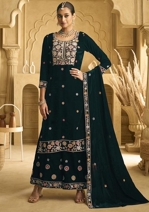 Green Embroidered Velvet Palazzo Set With Dupatta