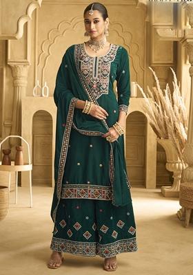 Green Embroidered Velvet Palazzo Set With Dupatta
