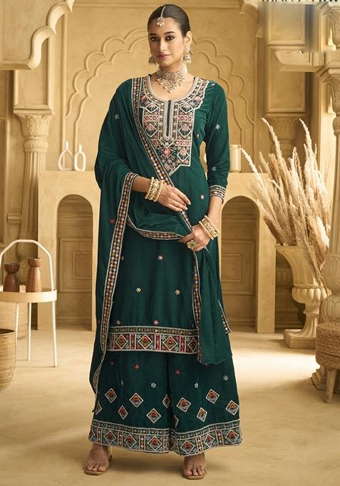 Green Embroidered Velvet Palazzo Set With Dupatta