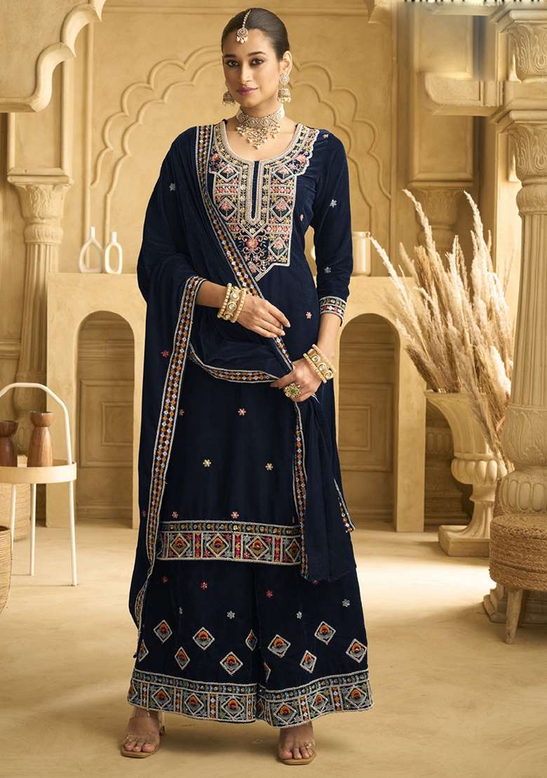 Navy Blue Embroidered Velvet Sharara Set - Indya